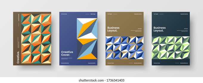 Company identity brochure template collection. Business presentation vector vertical orientation front page mock up set. Corporate report cover abstract geometric illustration design layout bundle.