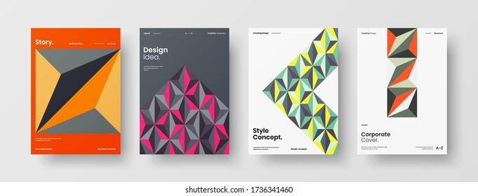 Company identity brochure template collection. Business presentation vector vertical orientation front page mock up set. Corporate report cover abstract geometric illustration design layout bundle.