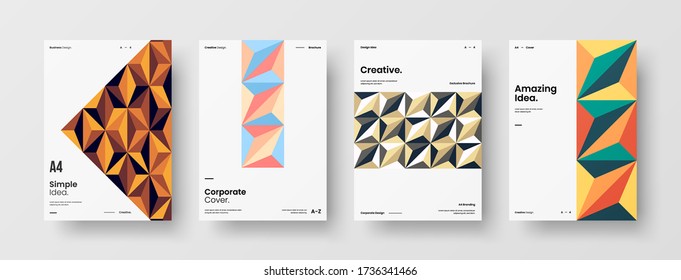 Company identity brochure template collection. Business presentation vector vertical orientation front page mock up set. Corporate report cover abstract geometric illustration design layout bundle.