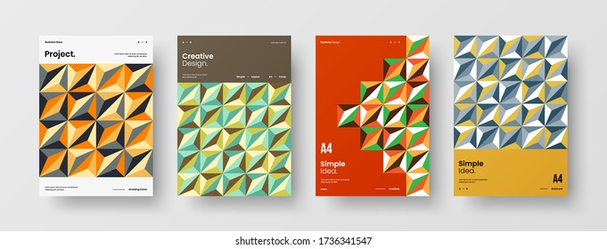 Company identity brochure template collection. Business presentation vector vertical orientation front page mock up set. Corporate report cover abstract geometric illustration design layout bundle.