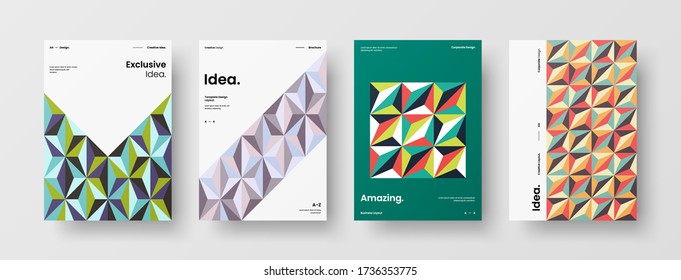 Company identity brochure template collection. Business presentation vector vertical orientation front page mock up set. Corporate report cover abstract geometric illustration design layout bundle.