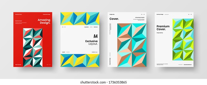 Company identity brochure template collection. Business presentation vector vertical orientation front page mock up set. Corporate report cover abstract geometric illustration design layout bundle.