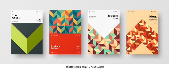 Company identity brochure template collection. Business presentation vector vertical orientation front page mock up set. Corporate report cover abstract geometric illustration design layout bundle.