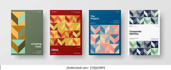 Company identity brochure template collection. Business presentation vector vertical orientation front page mock up set. Corporate report cover abstract geometric illustration design layout bundle.