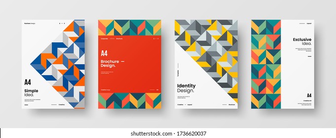 Company identity brochure template collection. Business presentation vector vertical orientation front page mock up set. Corporate report cover abstract geometric illustration design layout bundle.