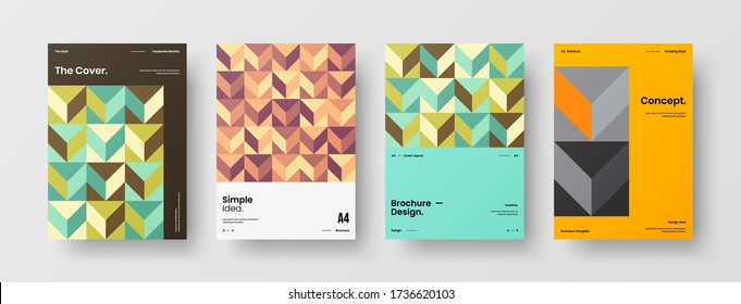 Company identity brochure template collection. Business presentation vector vertical orientation front page mock up set. Corporate report cover abstract geometric illustration design layout bundle.