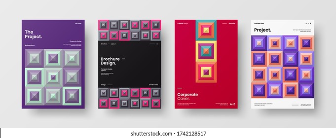 Company identity brochure template collection. Business presentation vector vertical orientation front page mock up set. Corporate report cover abstract geometric illustration design layout bundle.