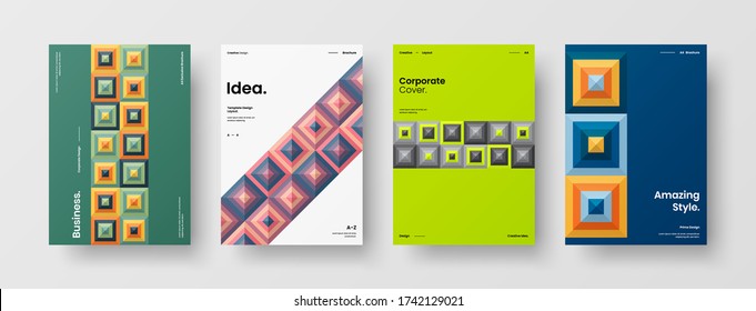 Company identity brochure template collection. Business presentation vector vertical orientation front page mock up set. Corporate report cover abstract geometric illustration design layout bundle.
