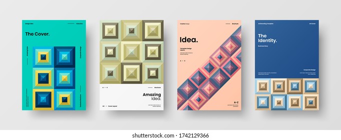 Company identity brochure template collection. Business presentation vector vertical orientation front page mock up set. Corporate report cover abstract geometric illustration design layout bundle.