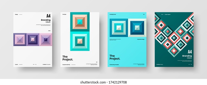 Company identity brochure template collection. Business presentation vector vertical orientation front page mock up set. Corporate report cover abstract geometric illustration design layout bundle.