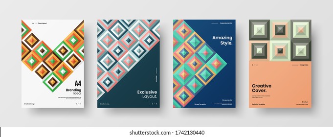 Company identity brochure template collection. Business presentation vector vertical orientation front page mock up set. Corporate report cover abstract geometric illustration design layout bundle.