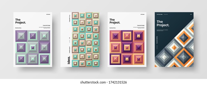 Company identity brochure template collection. Business presentation vector vertical orientation front page mock up set. Corporate report cover abstract geometric illustration design layout bundle.