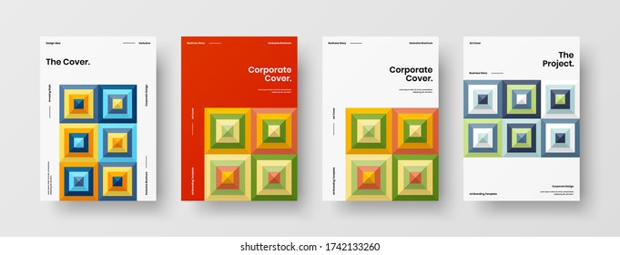 Company identity brochure template collection. Business presentation vector vertical orientation front page mock up set. Corporate report cover abstract geometric illustration design layout bundle.