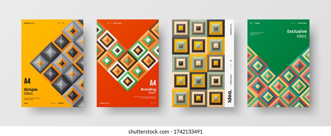 Company identity brochure template collection. Business presentation vector vertical orientation front page mock up set. Corporate report cover abstract geometric illustration design layout bundle.