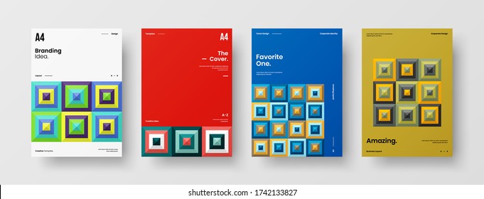 Company identity brochure template collection. Business presentation vector vertical orientation front page mock up set. Corporate report cover abstract geometric illustration design layout bundle.