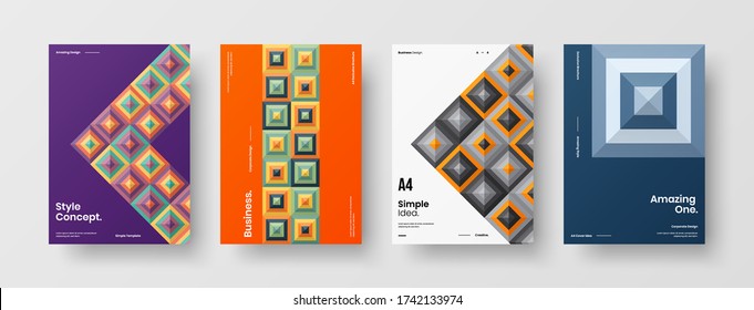 Company identity brochure template collection. Business presentation vector vertical orientation front page mock up set. Corporate report cover abstract geometric illustration design layout bundle.