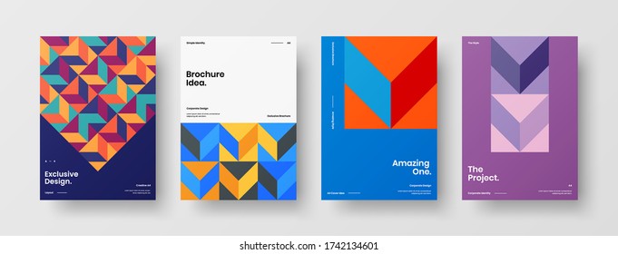 Company identity brochure template collection. Business presentation vector vertical orientation front page mock up set. Corporate report cover abstract geometric illustration design layout bundle.