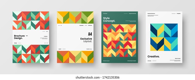 Company identity brochure template collection. Business presentation vector vertical orientation front page mock up set. Corporate report cover abstract geometric illustration design layout bundle.