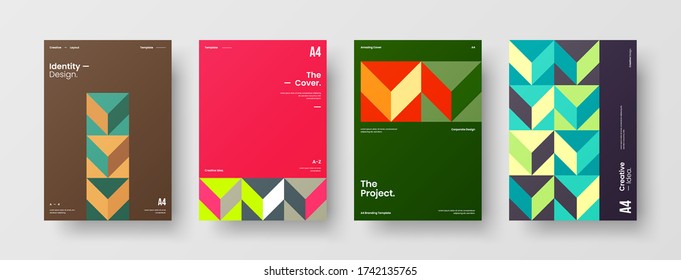 Company identity brochure template collection. Business presentation vector vertical orientation front page mock up set. Corporate report cover abstract geometric illustration design layout bundle.