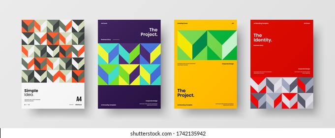 Company identity brochure template collection. Business presentation vector vertical orientation front page mock up set. Corporate report cover abstract geometric illustration design layout bundle.