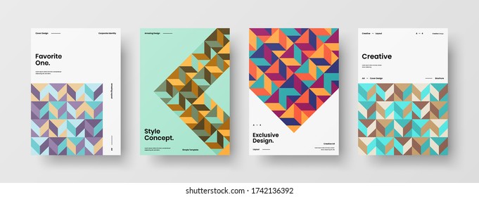 Company identity brochure template collection. Business presentation vector vertical orientation front page mock up set. Corporate report cover abstract geometric illustration design layout bundle.