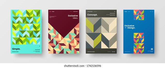 Company identity brochure template collection. Business presentation vector vertical orientation front page mock up set. Corporate report cover abstract geometric illustration design layout bundle.