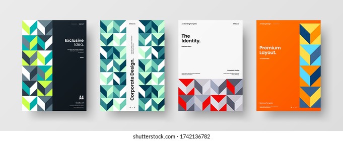 Company identity brochure template collection. Business presentation vector vertical orientation front page mock up set. Corporate report cover abstract geometric illustration design layout bundle.