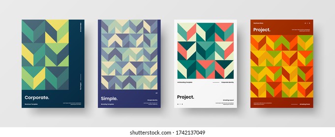 Company identity brochure template collection. Business presentation vector vertical orientation front page mock up set. Corporate report cover abstract geometric illustration design layout bundle.