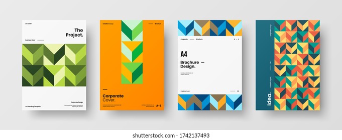 Company identity brochure template collection. Business presentation vector vertical orientation front page mock up set. Corporate report cover abstract geometric illustration design layout bundle.