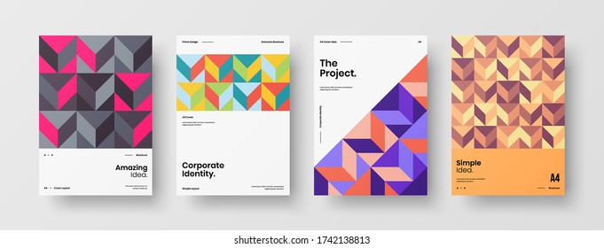 Company identity brochure template collection. Business presentation vector vertical orientation front page mock up set. Corporate report cover abstract geometric illustration design layout bundle.