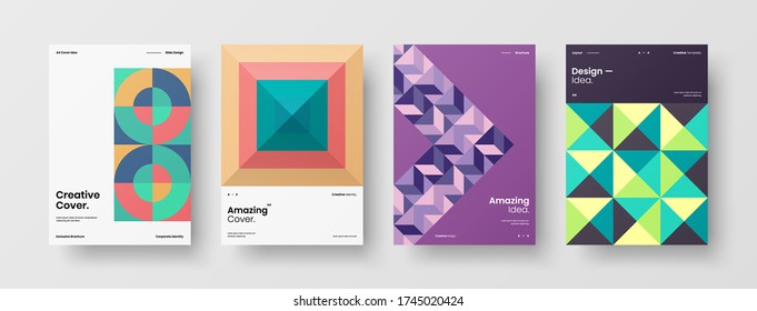 Company identity brochure template collection. Business presentation vector vertical orientation front page mock up set. Corporate report cover abstract geometric illustration design layout bundle.