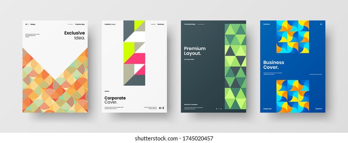 Company identity brochure template collection. Business presentation vector vertical orientation front page mock up set. Corporate report cover abstract geometric illustration design layout bundle.