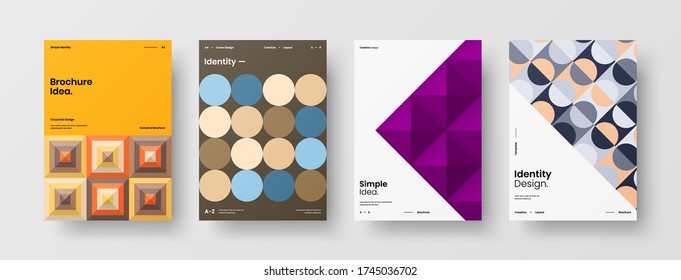 Company identity brochure template collection. Business presentation vector vertical orientation front page mock up set. Corporate report cover abstract geometric illustration design layout bundle.