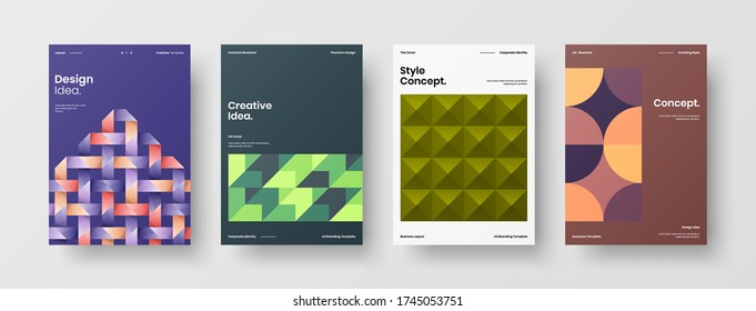 Company identity brochure template collection. Business presentation vector vertical orientation front page mock up set. Corporate report cover abstract geometric illustration design layout bundle.