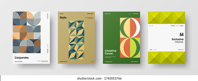 Company identity brochure template collection. Business presentation vector vertical orientation front page mock up set. Corporate report cover abstract geometric illustration design layout bundle.