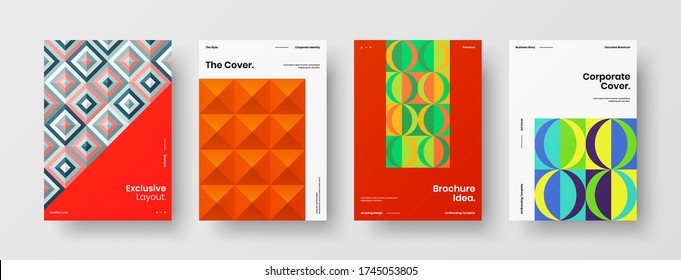 Company identity brochure template collection. Business presentation vector vertical orientation front page mock up set. Corporate report cover abstract geometric illustration design layout bundle.