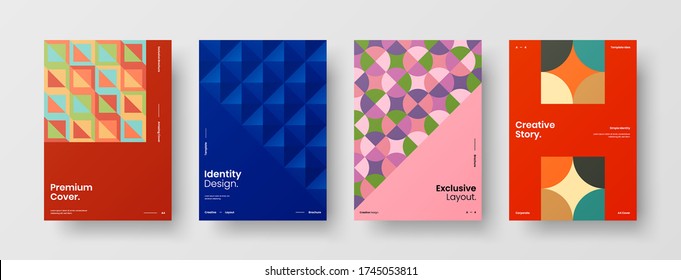 Company identity brochure template collection. Business presentation vector vertical orientation front page mock up set. Corporate report cover abstract geometric illustration design layout bundle.