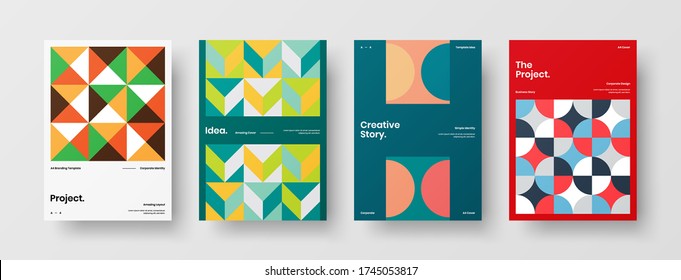 Company identity brochure template collection. Business presentation vector vertical orientation front page mock up set. Corporate report cover abstract geometric illustration design layout bundle.