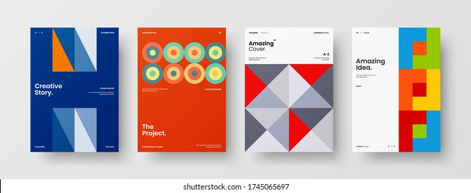 Company identity brochure template collection. Business presentation vector vertical orientation front page mock up set. Corporate report cover abstract geometric illustration design layout bundle.