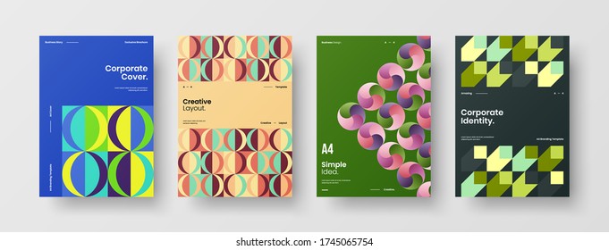 Company identity brochure template collection. Business presentation vector vertical orientation front page mock up set. Corporate report cover abstract geometric illustration design layout bundle.