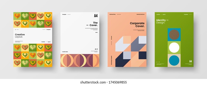 Company identity brochure template collection. Business presentation vector vertical orientation front page mock up set. Corporate report cover abstract geometric illustration design layout bundle.