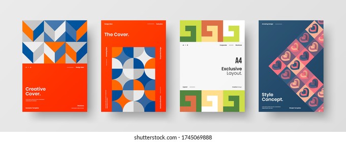 Company identity brochure template collection. Business presentation vector vertical orientation front page mock up set. Corporate report cover abstract geometric illustration design layout bundle.