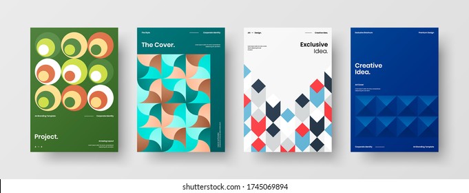 Company identity brochure template collection. Business presentation vector vertical orientation front page mock up set. Corporate report cover abstract geometric illustration design layout bundle.