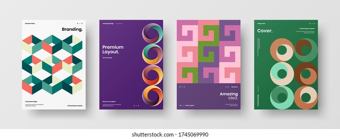 Company identity brochure template collection. Business presentation vector vertical orientation front page mock up set. Corporate report cover abstract geometric illustration design layout bundle.