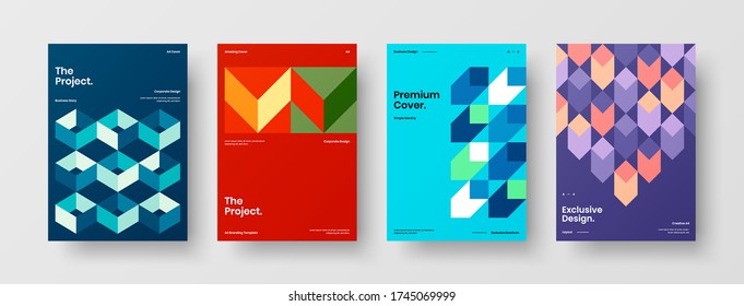 Company identity brochure template collection. Business presentation vector vertical orientation front page mock up set. Corporate report cover abstract geometric illustration design layout bundle.