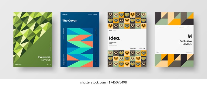 Company identity brochure template collection. Business presentation vector vertical orientation front page mock up set. Corporate report cover abstract geometric illustration design layout bundle.