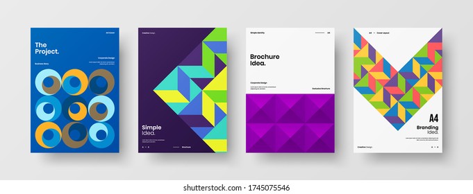 Company identity brochure template collection. Business presentation vector vertical orientation front page mock up set. Corporate report cover abstract geometric illustration design layout bundle.