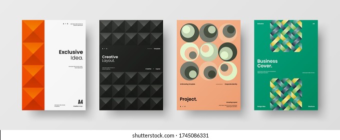 Company identity brochure template collection. Business presentation vector vertical orientation front page mock up set. Corporate report cover abstract geometric illustration design layout bundle.