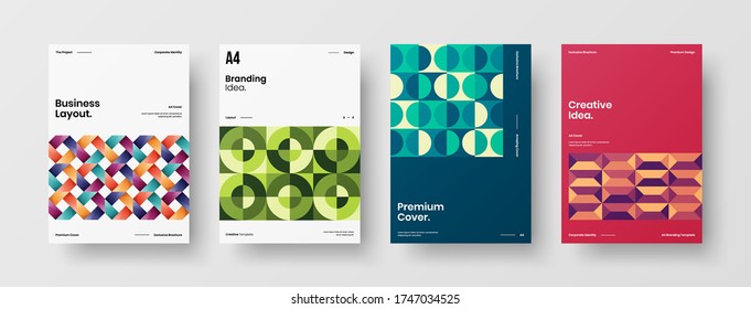 Company identity brochure template collection. Business presentation vector vertical orientation front page mock up set. Corporate report cover abstract geometric illustration design layout bundle.