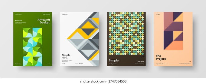 Company identity brochure template collection. Business presentation vector vertical orientation front page mock up set. Corporate report cover abstract geometric illustration design layout bundle.